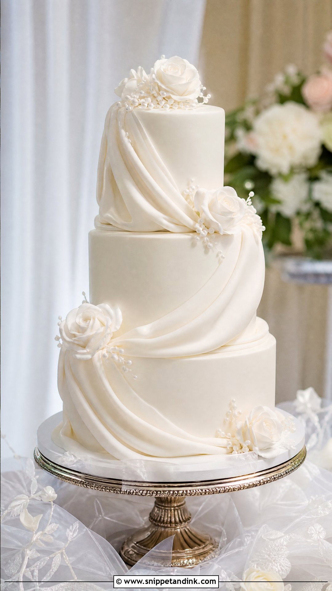 White Draped Wedding Cake - Snippet and Ink - 25 White Wedding Cake Ideas