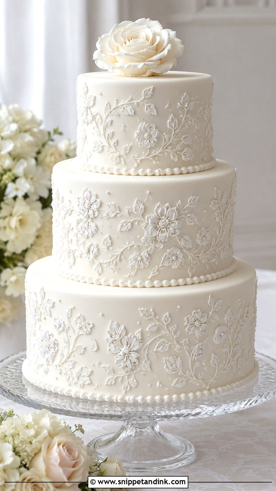 White Embroidery Wedding Cake - Snippet and Ink - 20 Embroidery Cake Design Ideas for Wedding