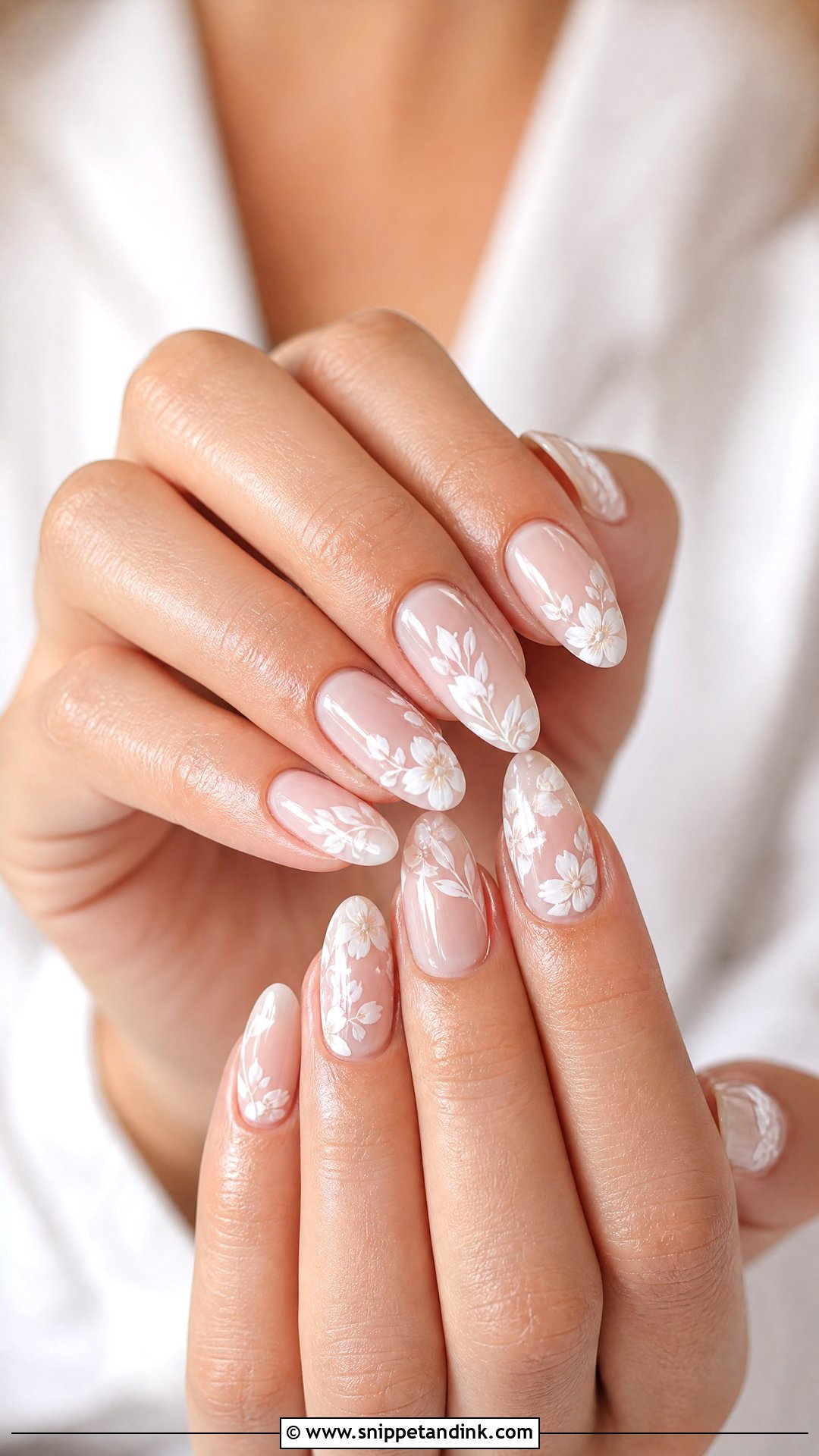 White Floral Almond Bridal Nails - Snippet and Ink - 25 Almond Bridal Nails