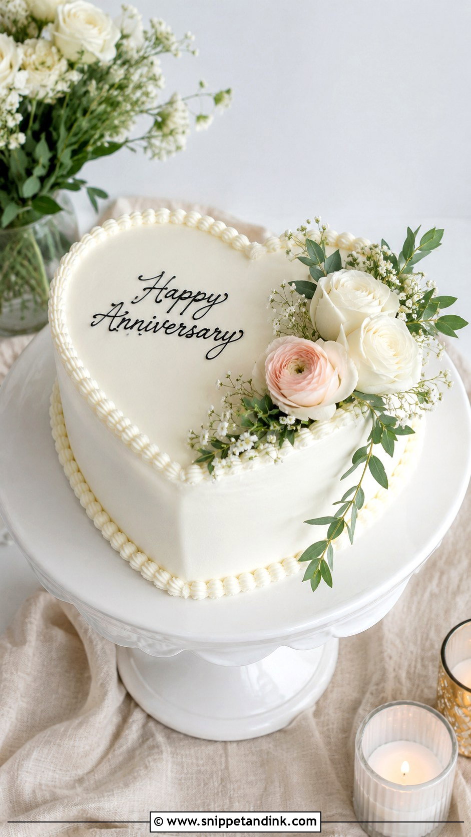 White Floral Anniversary Heart Cake - Snippet and Ink - 20 Anniversary Heart Cake Ideas