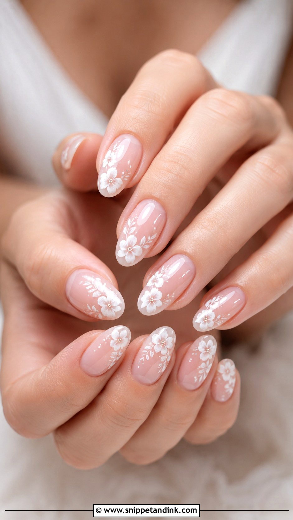 White Floral Bridal Acrylic Nails - Snippet and Ink - 20 Bridal Acrylic Nails