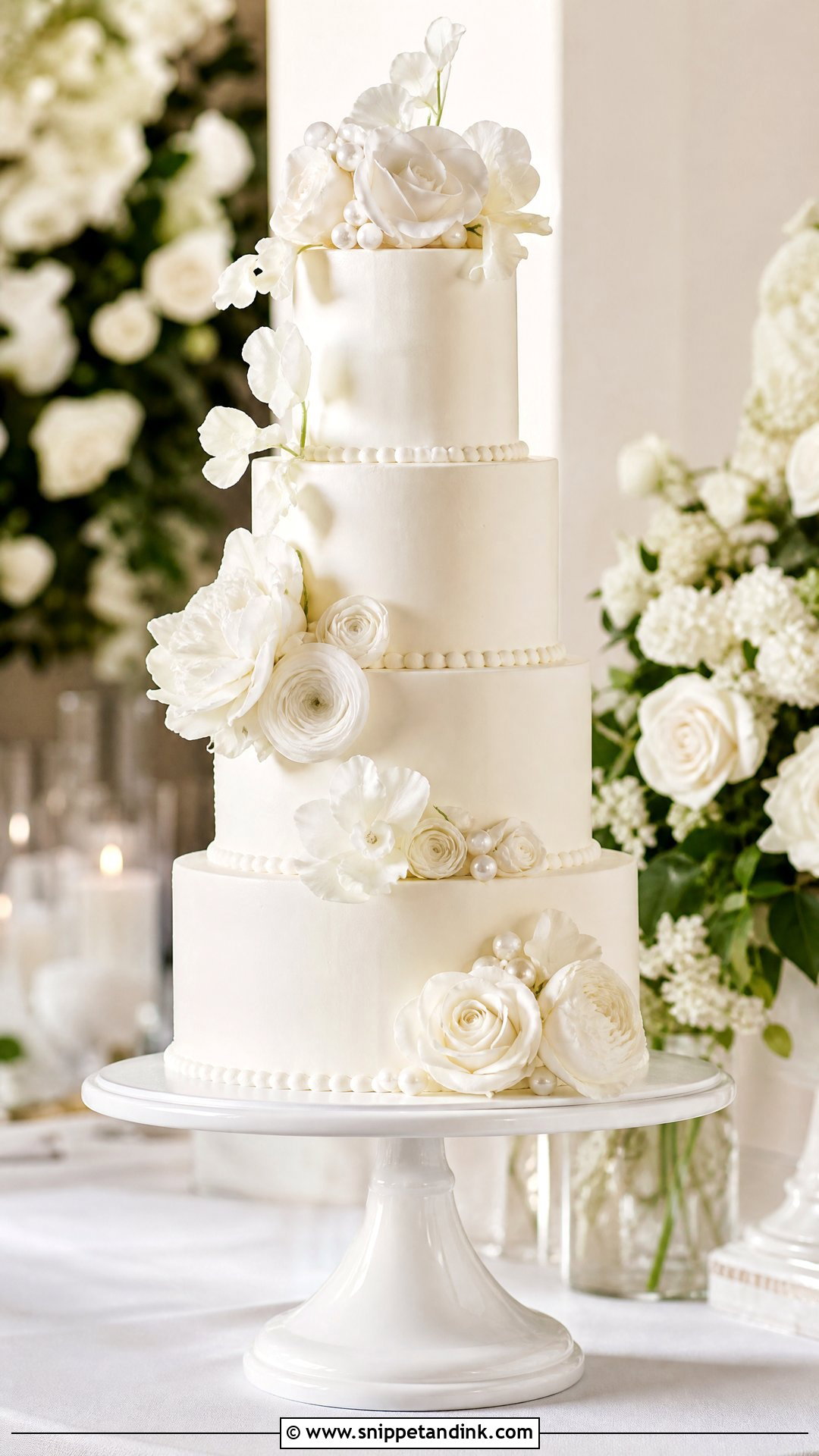 White Floral Wedding Cake - Snippet and Ink - 20 Old Money Cake Ideas for Wedding