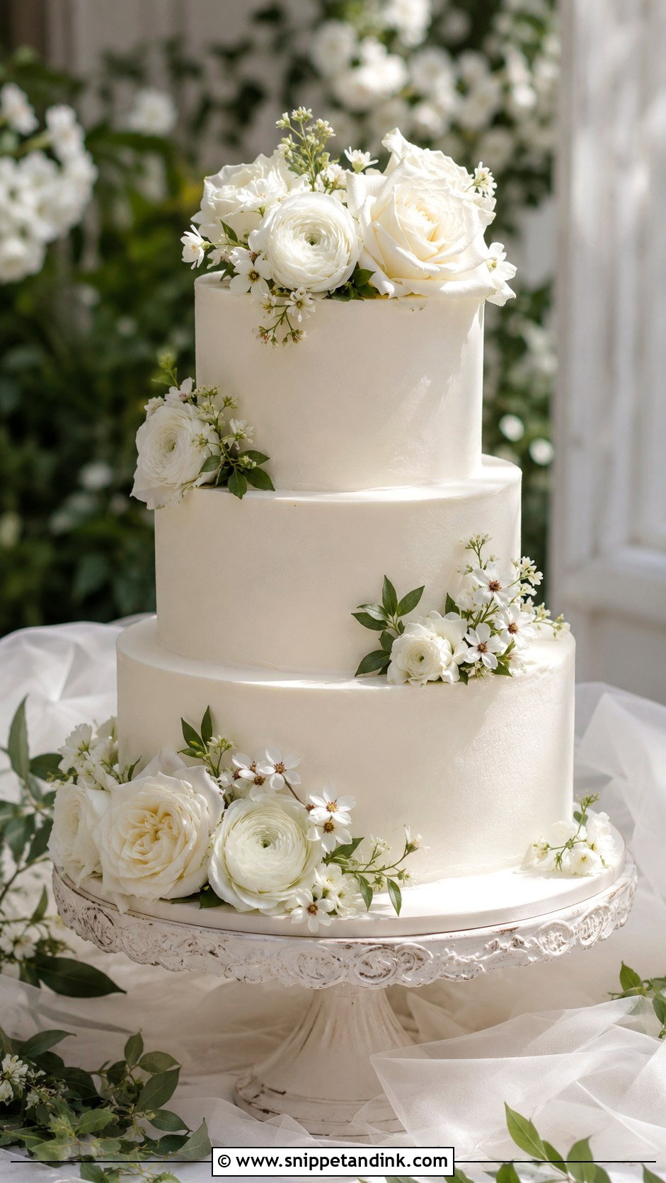 White Floral Wedding Cake - Snippet and Ink - 20 White Frosted Cake Ideas for Wedding