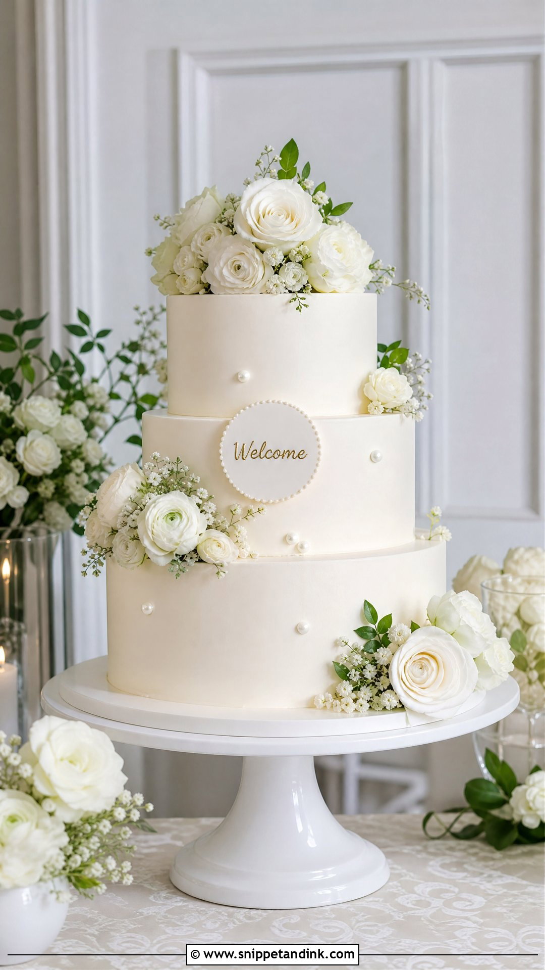 White Floral Welcome Wedding Cake - Snippet and Ink - 30 Welcome Cake Ideas for Wedding
