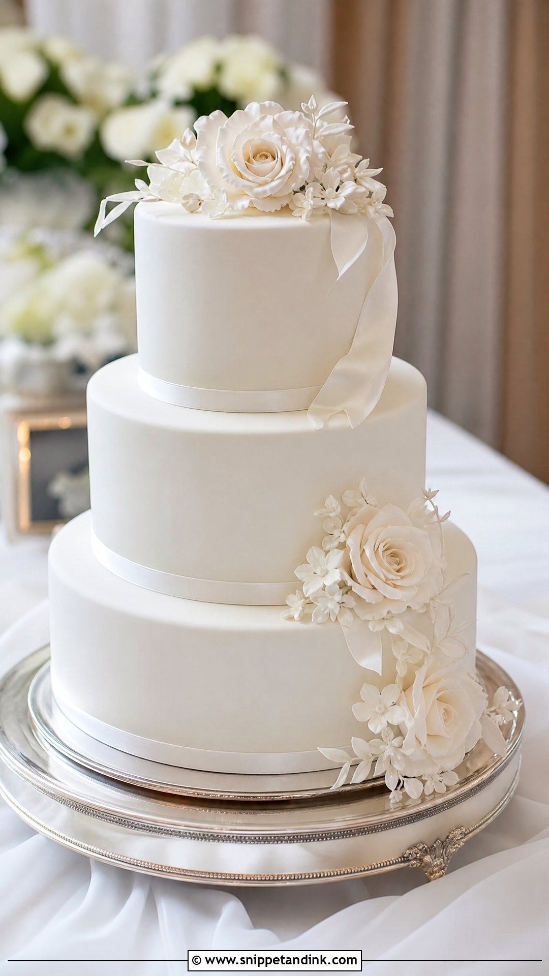 White Fondant Wedding Cake - Snippet and Ink - 25 White Wedding Cake Ideas