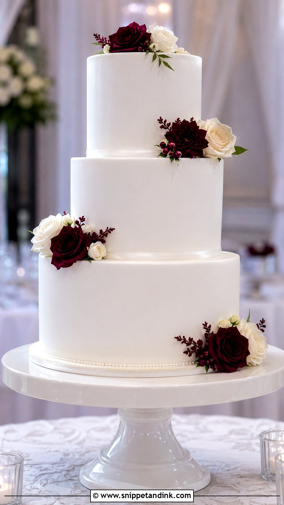 White Fondant Wedding Cake With Burgundy Flowers - Snippet and Ink - 20 White Wedding Cake Ideas with Burgundy Flowers