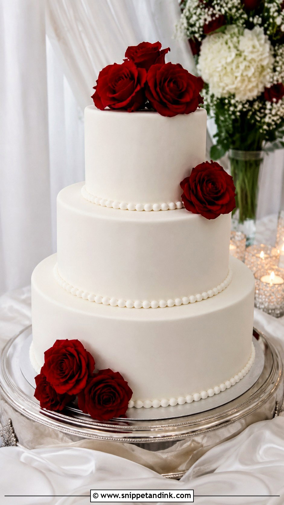 White Fondant Wedding Cake With Red Roses - Snippet and Ink - 30 White Wedding Cake Ideas with Red Roses