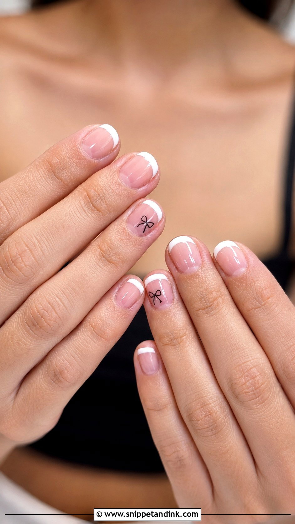 White French Nails With Black Bow - Snippet and Ink - 20 Black and White Wedding Nails
