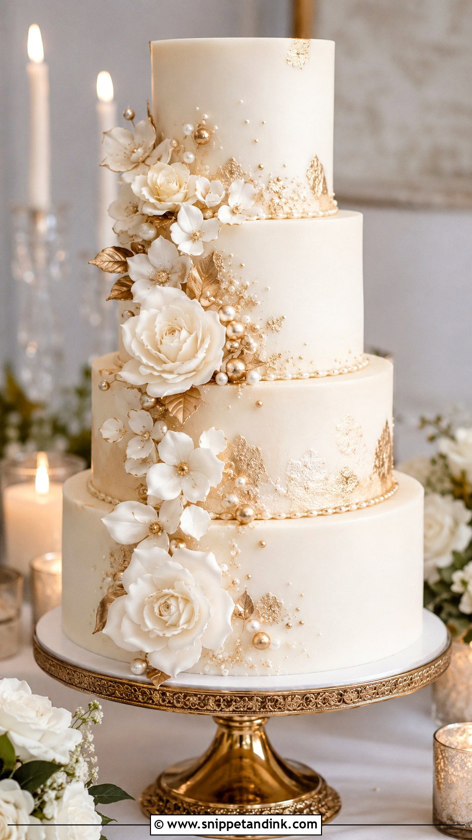 White Ganache Wedding Cake With Champagne Color - Snippet and Ink - 20 White Ganache Cake Ideas for Wedding
