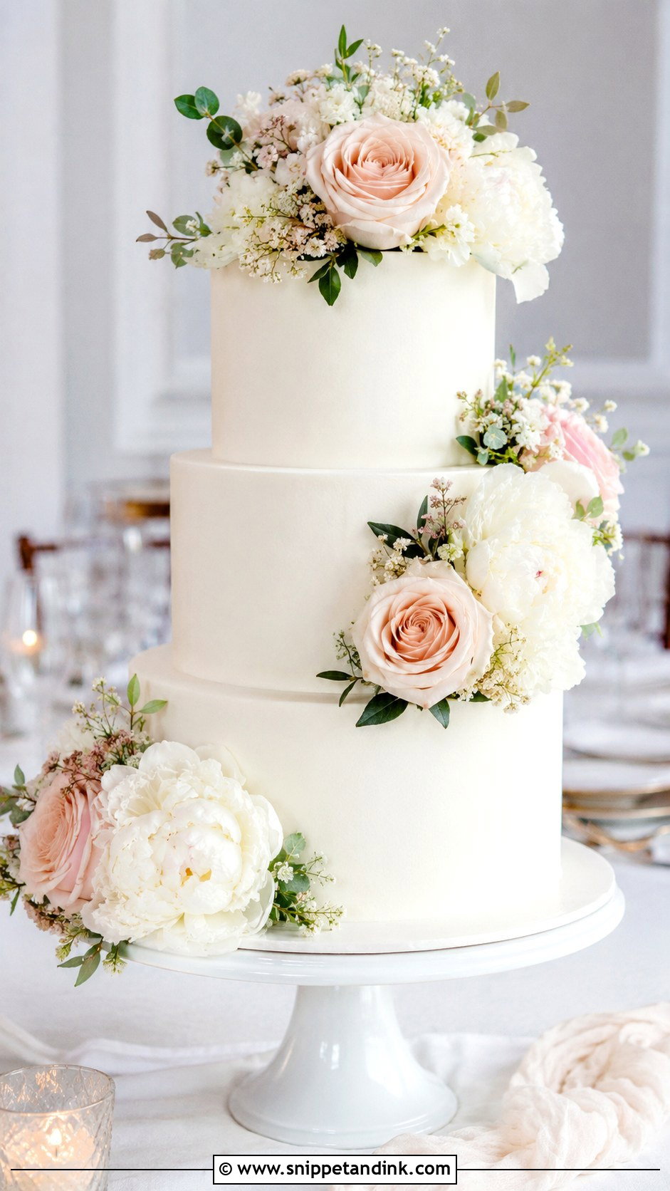 White Ganache Wedding Cake With Fresh Flowers - Snippet and Ink - 20 White Ganache Cake Ideas for Wedding