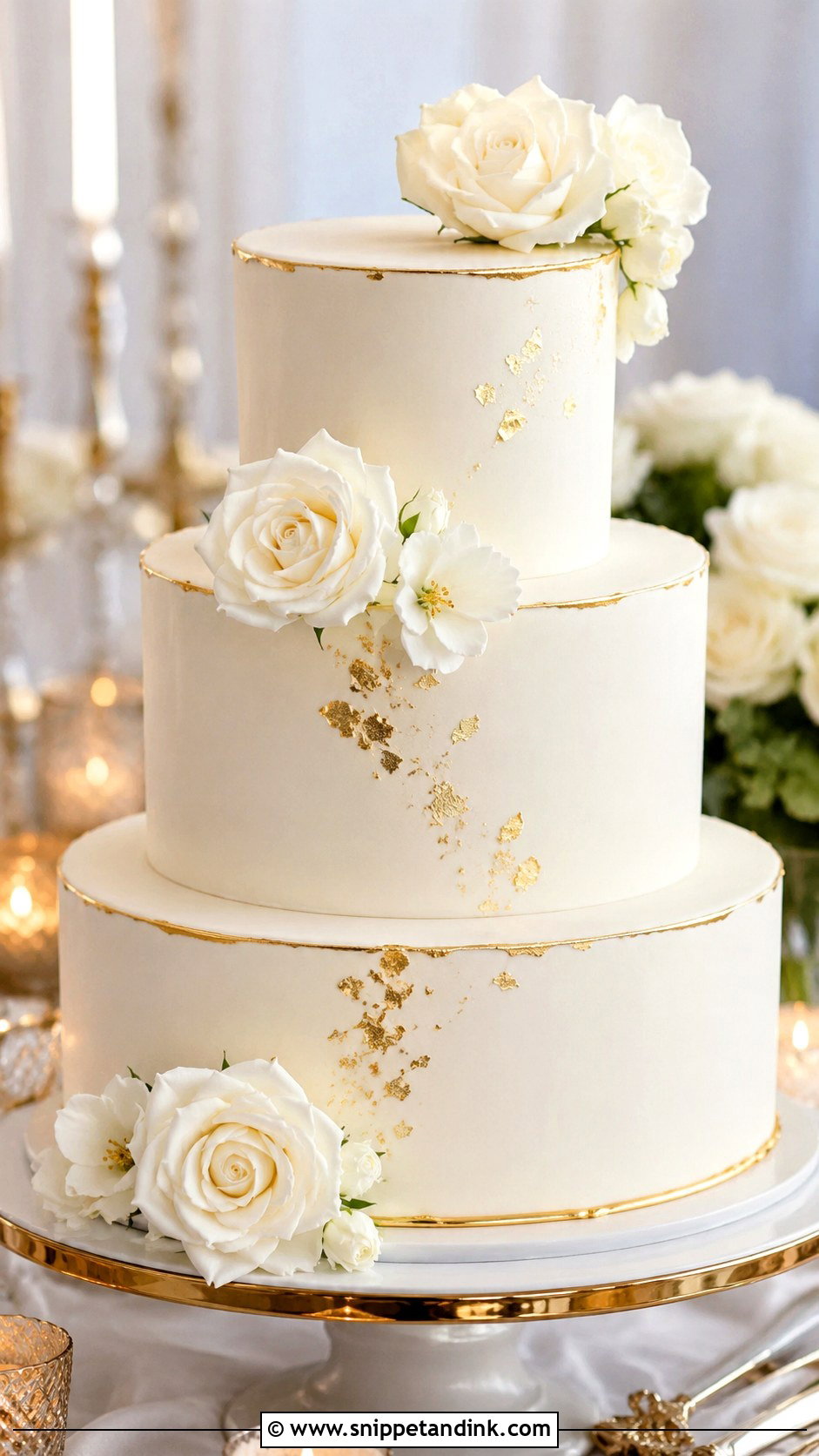 White Ganache Wedding Cake With Gold Accents - Snippet and Ink - 20 White Ganache Cake Ideas for Wedding