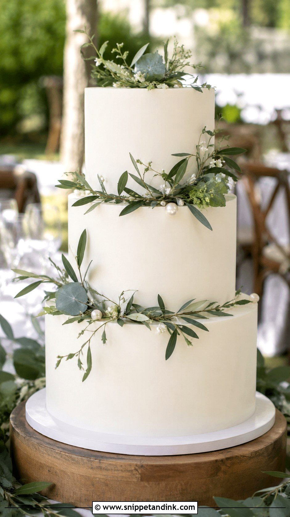 White Ganache Wedding Cake With Greenery - Snippet and Ink - 20 White Ganache Cake Ideas for Wedding