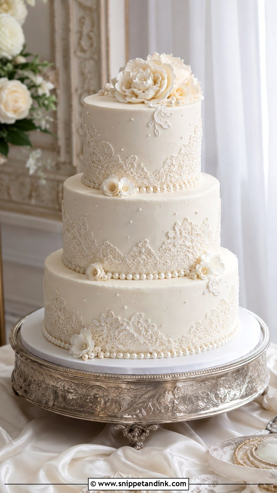 White Ganache Wedding Cake With Lace Detail - Snippet and Ink - 20 White Ganache Cake Ideas for Wedding