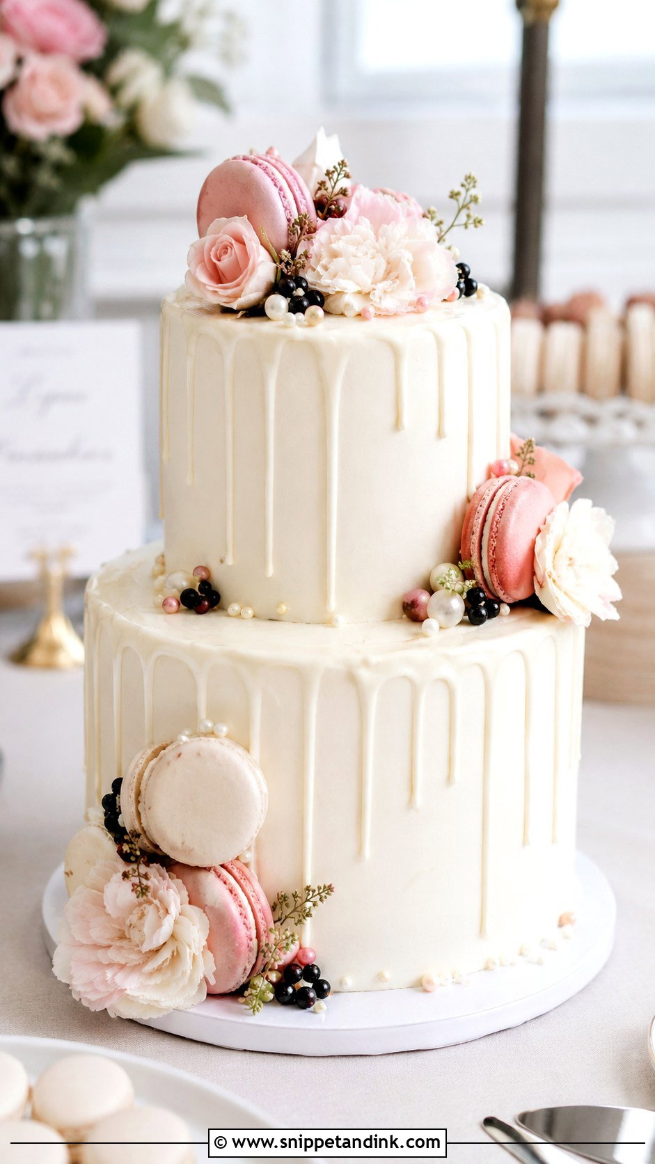 White Ganache Wedding Cake With Macarons - Snippet and Ink - 20 White Ganache Cake Ideas for Wedding