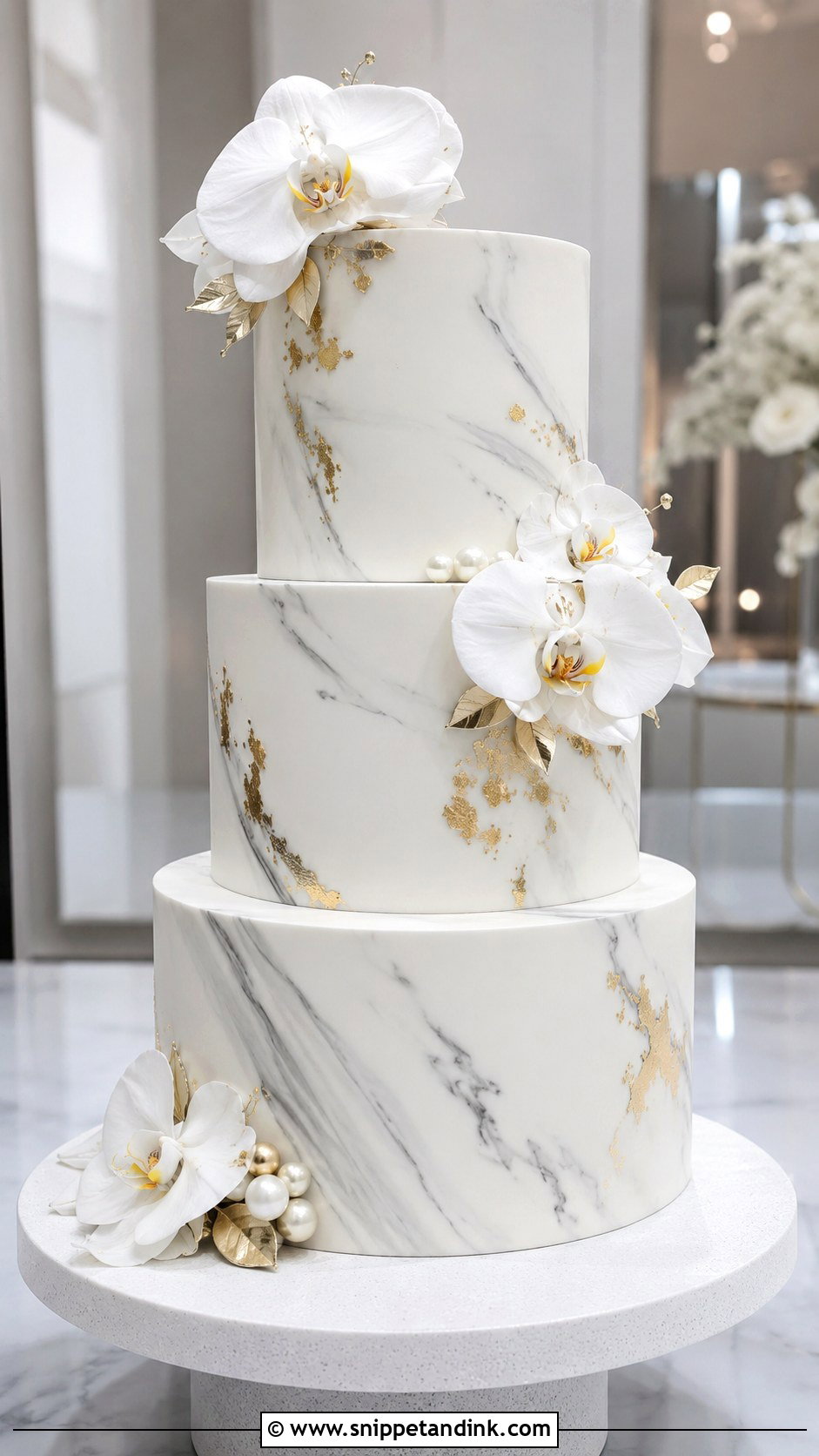White Ganache Wedding Cake With Marble Effect - Snippet and Ink - 20 White Ganache Cake Ideas for Wedding