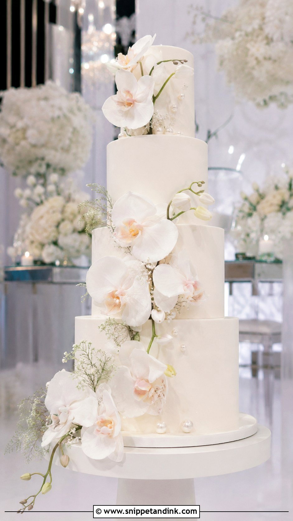 White Ganache Wedding Cake With Orchid Flowers - Snippet and Ink - 20 White Ganache Cake Ideas for Wedding