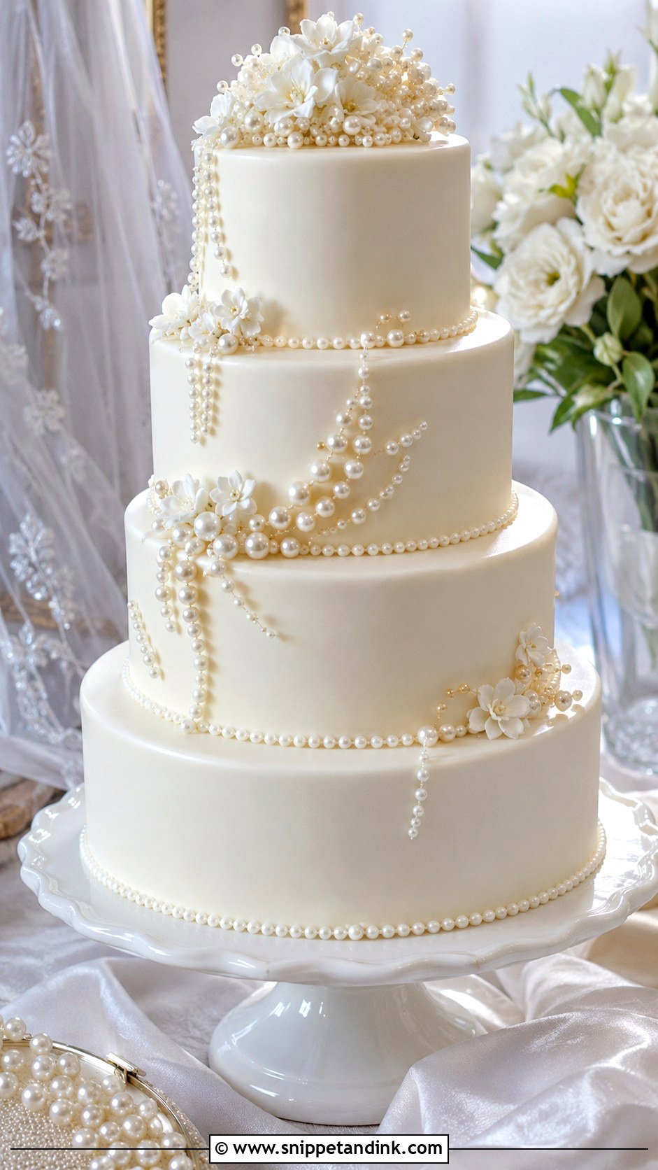 White Ganache Wedding Cake With Pearls - Snippet and Ink - 20 White Ganache Cake Ideas for Wedding
