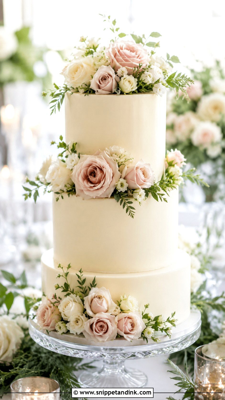 White Ganache Wedding Cake With Roses - Snippet and Ink - 20 White Ganache Cake Ideas for Wedding