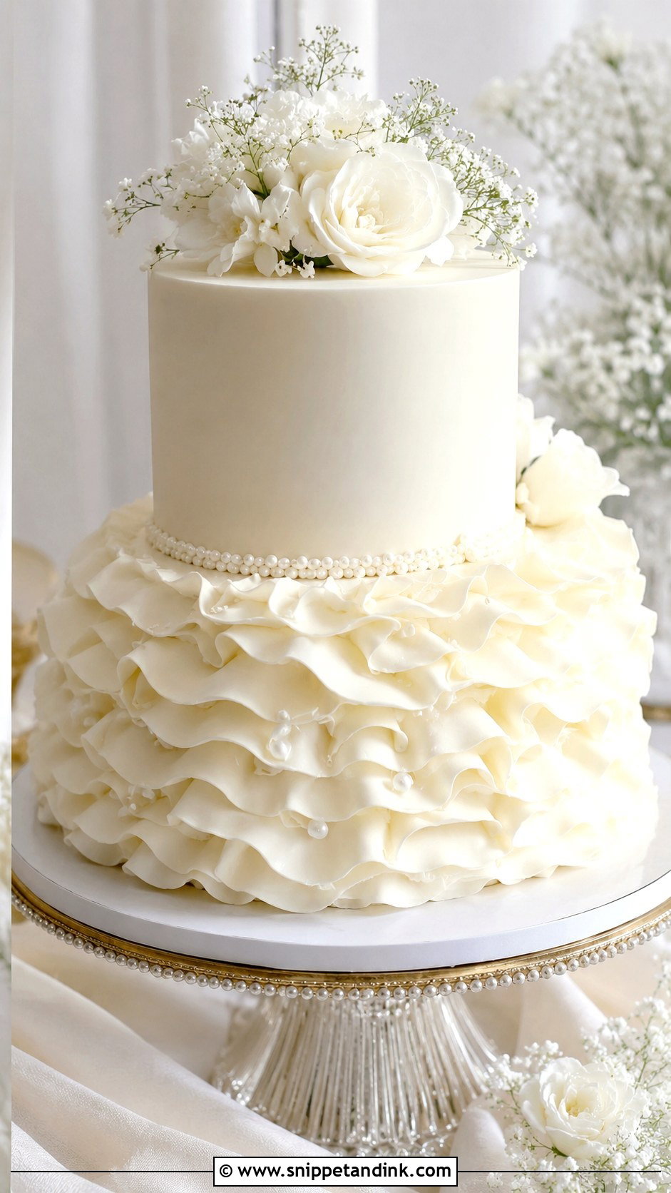 White Ganache Wedding Cake With Ruffles - Snippet and Ink - 20 White Ganache Cake Ideas for Wedding