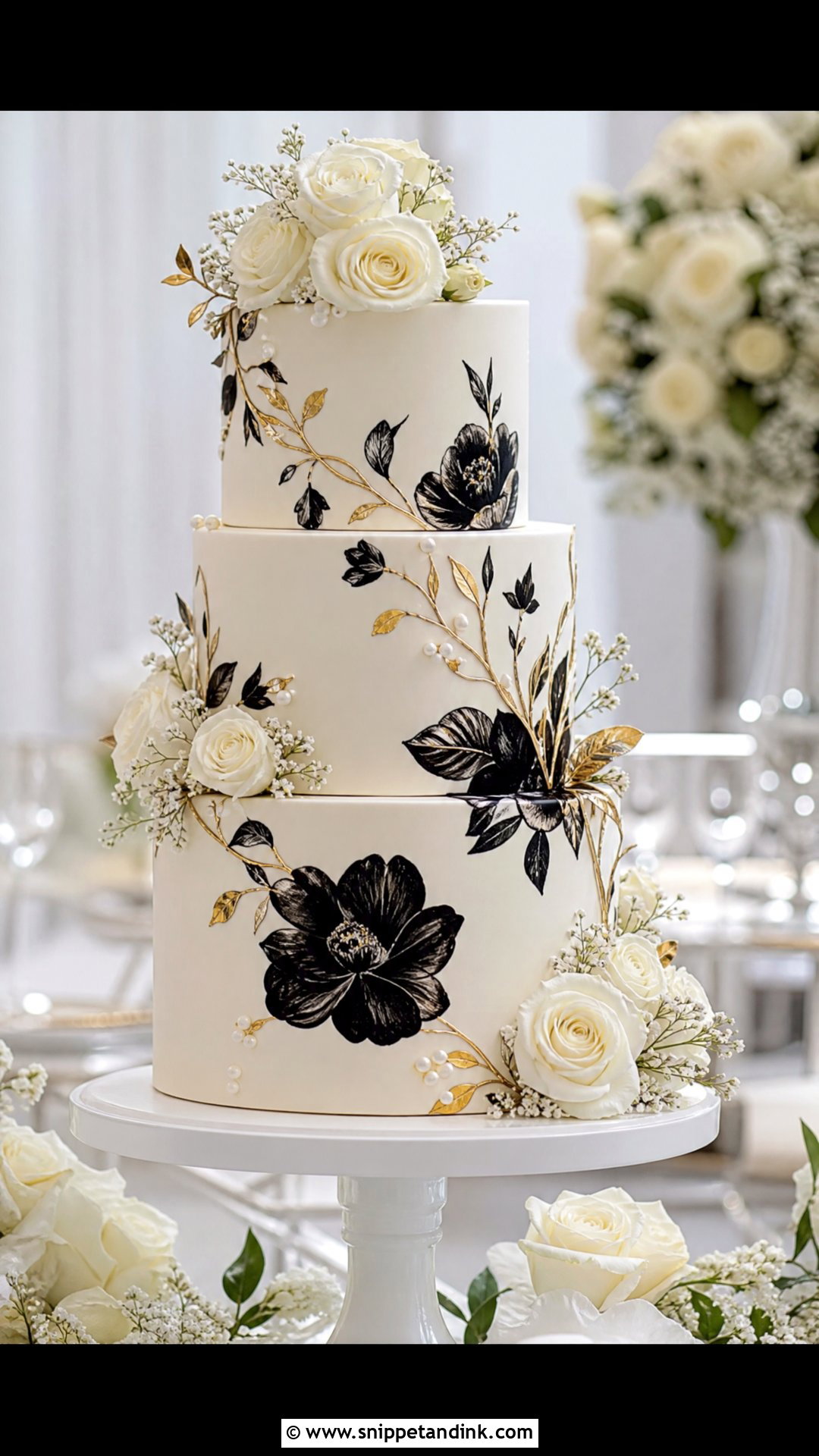 White Gold And Black Floral Wedding Cake - Snippet and Ink - 20 White Gold and Black Cake Ideas for Wedding