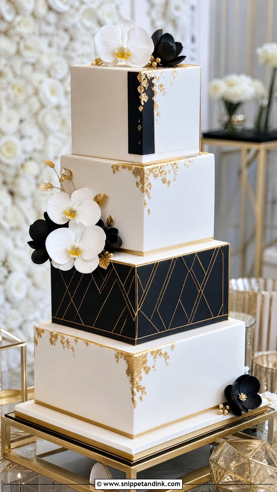 White Gold And Black Square Wedding Cake - Snippet and Ink - 20 White Gold and Black Cake Ideas for Wedding