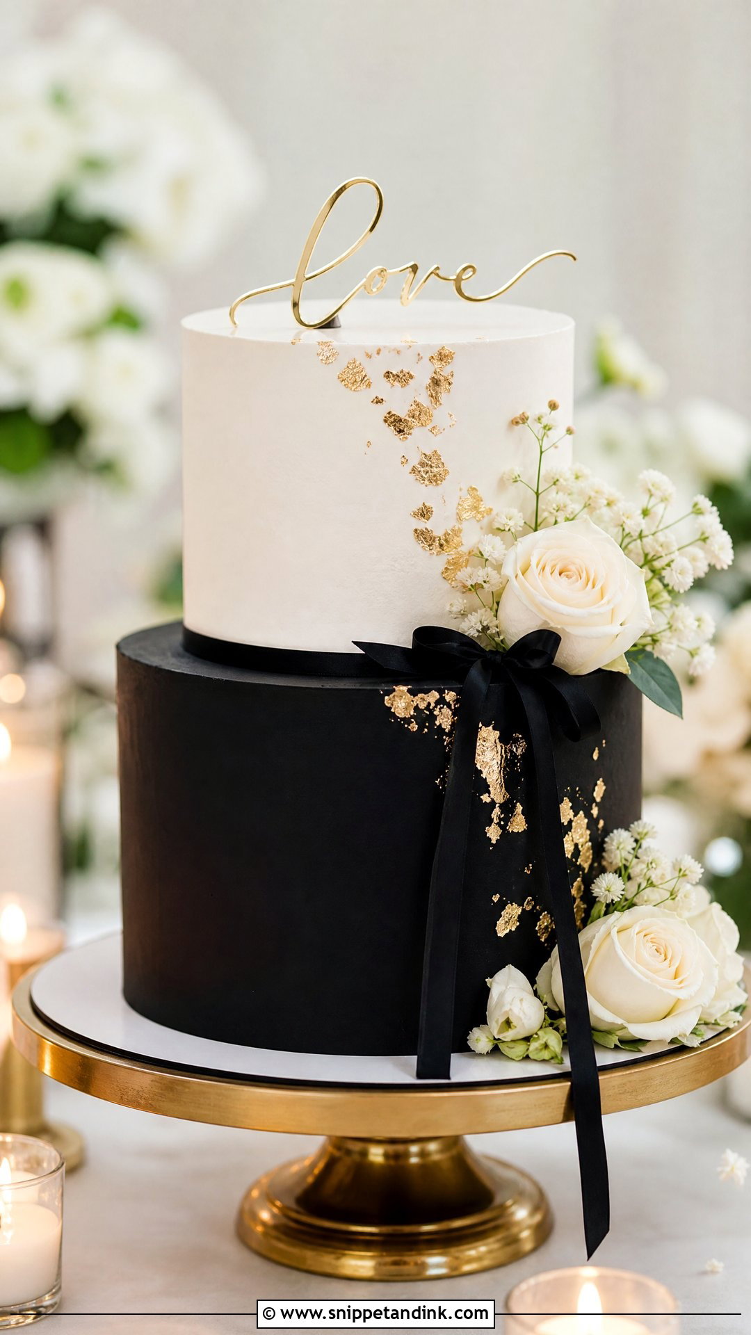 White Gold And Black Two Tier Wedding Cake - Snippet and Ink - 20 White Gold and Black Cake Ideas for Wedding