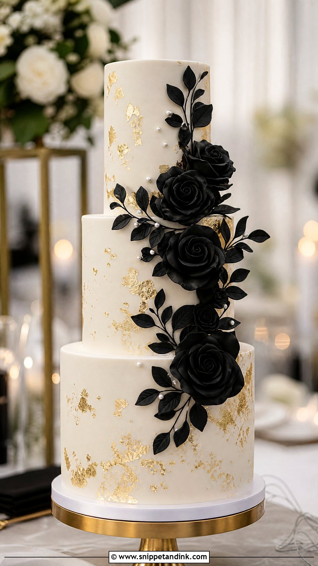 White Gold Leaf Wedding Cake With Black Flowers - Snippet and Ink - 20 White Gold and Black Cake Ideas for Wedding