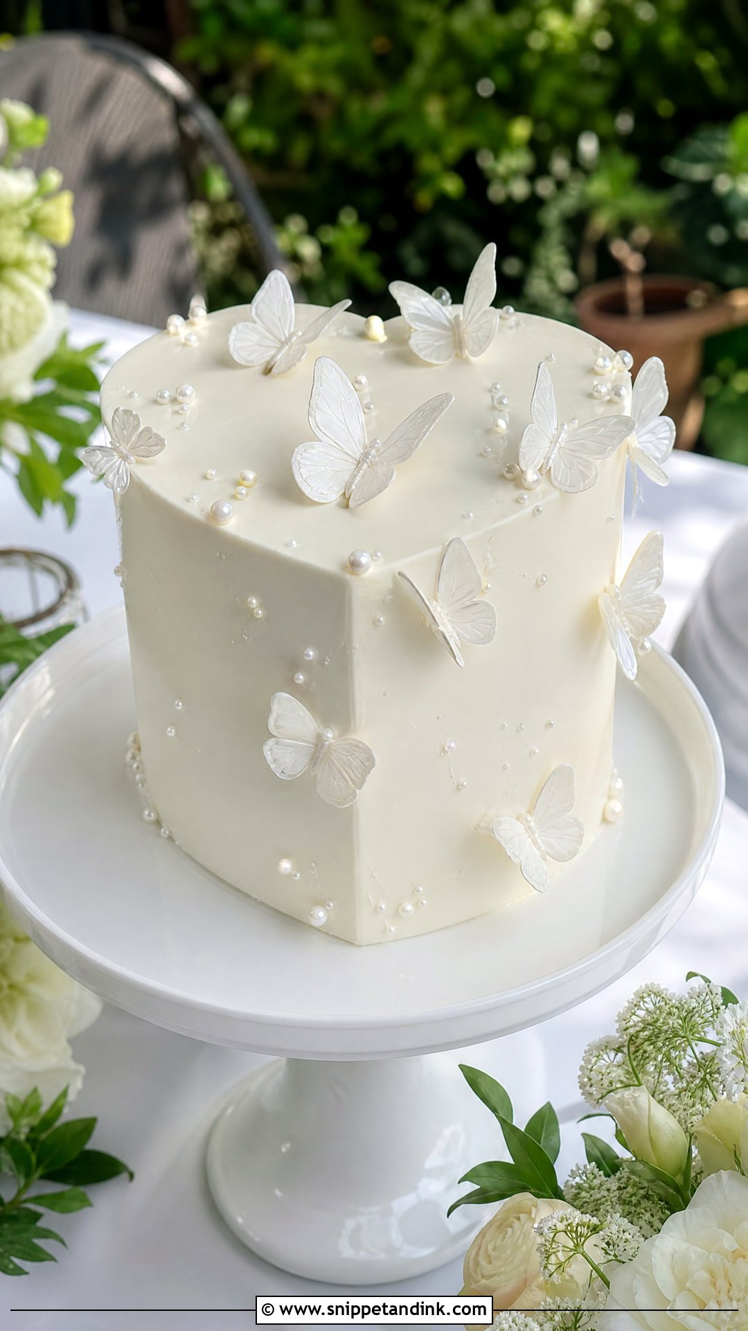 White Heart Wedding Cake With Butterfly Details - Snippet and Ink - 30 White Heart Cake Ideas for Wedding