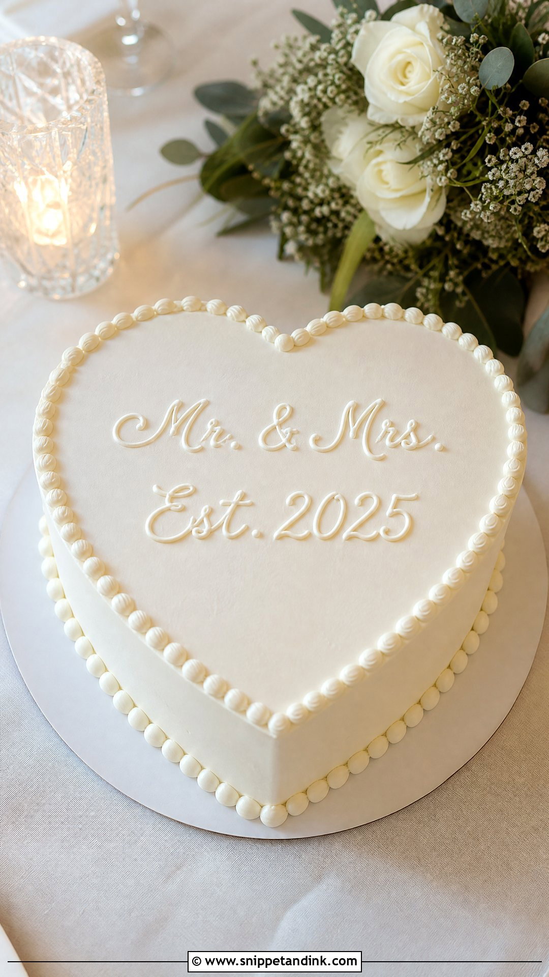 White Heart Wedding Cake With Calligraphy - Snippet and Ink - 30 White Heart Cake Ideas for Wedding