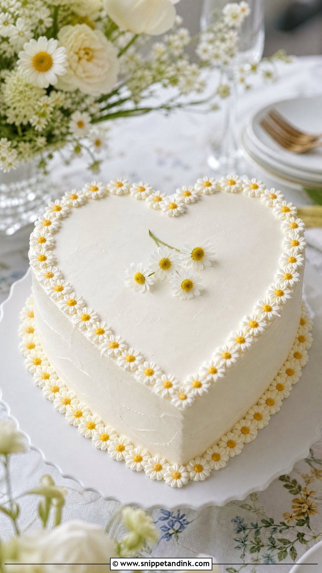 White Heart Wedding Cake With Dainty Daisies - Snippet and Ink - 30 White Heart Cake Ideas for Wedding
