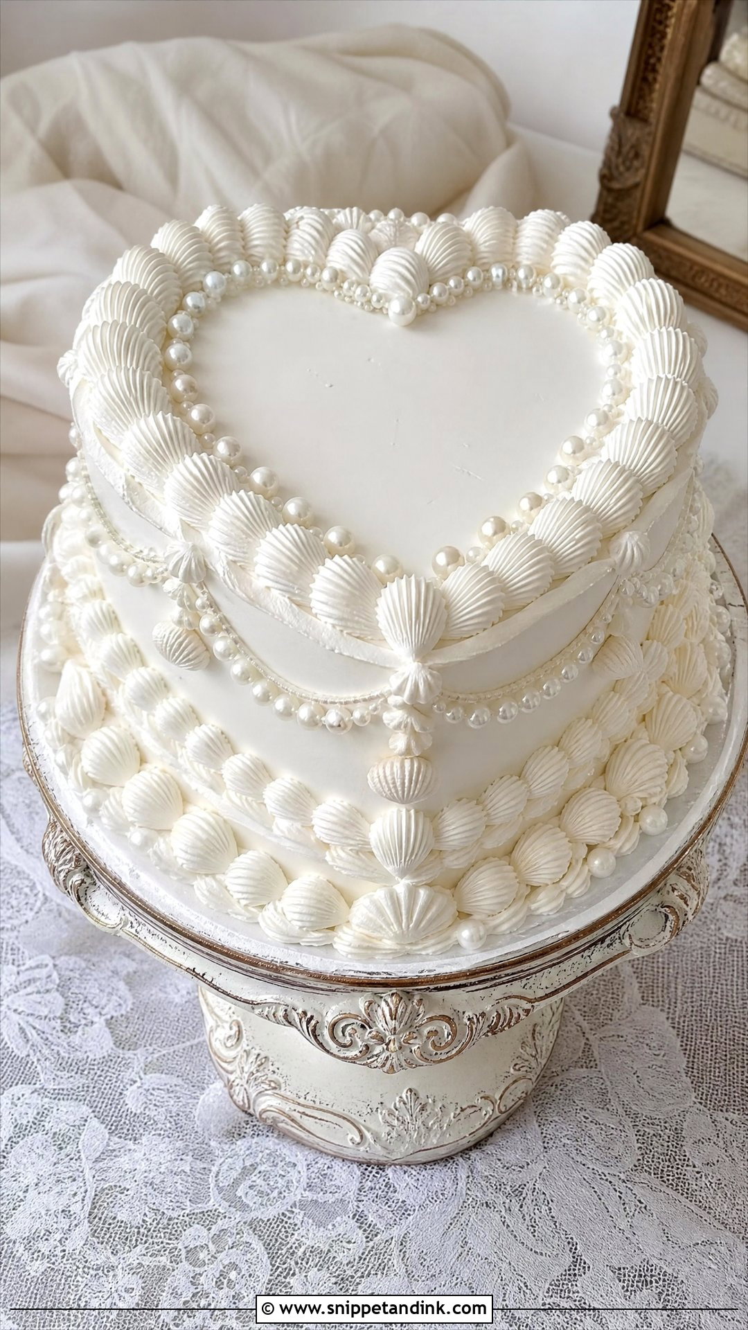 White Heart Wedding Cake With Edible Pearls And Shells - Snippet and Ink - 30 White Heart Cake Ideas for Wedding