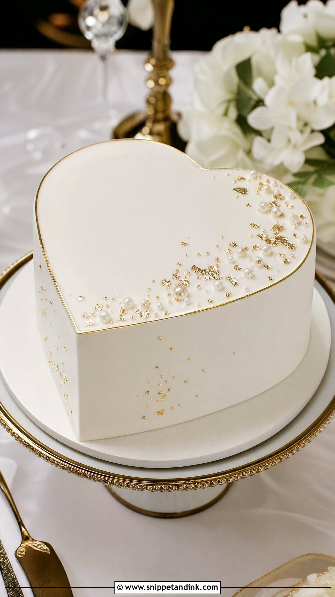 White Heart Wedding Cake With Gold Accents - Snippet and Ink - 30 White Heart Cake Ideas for Wedding