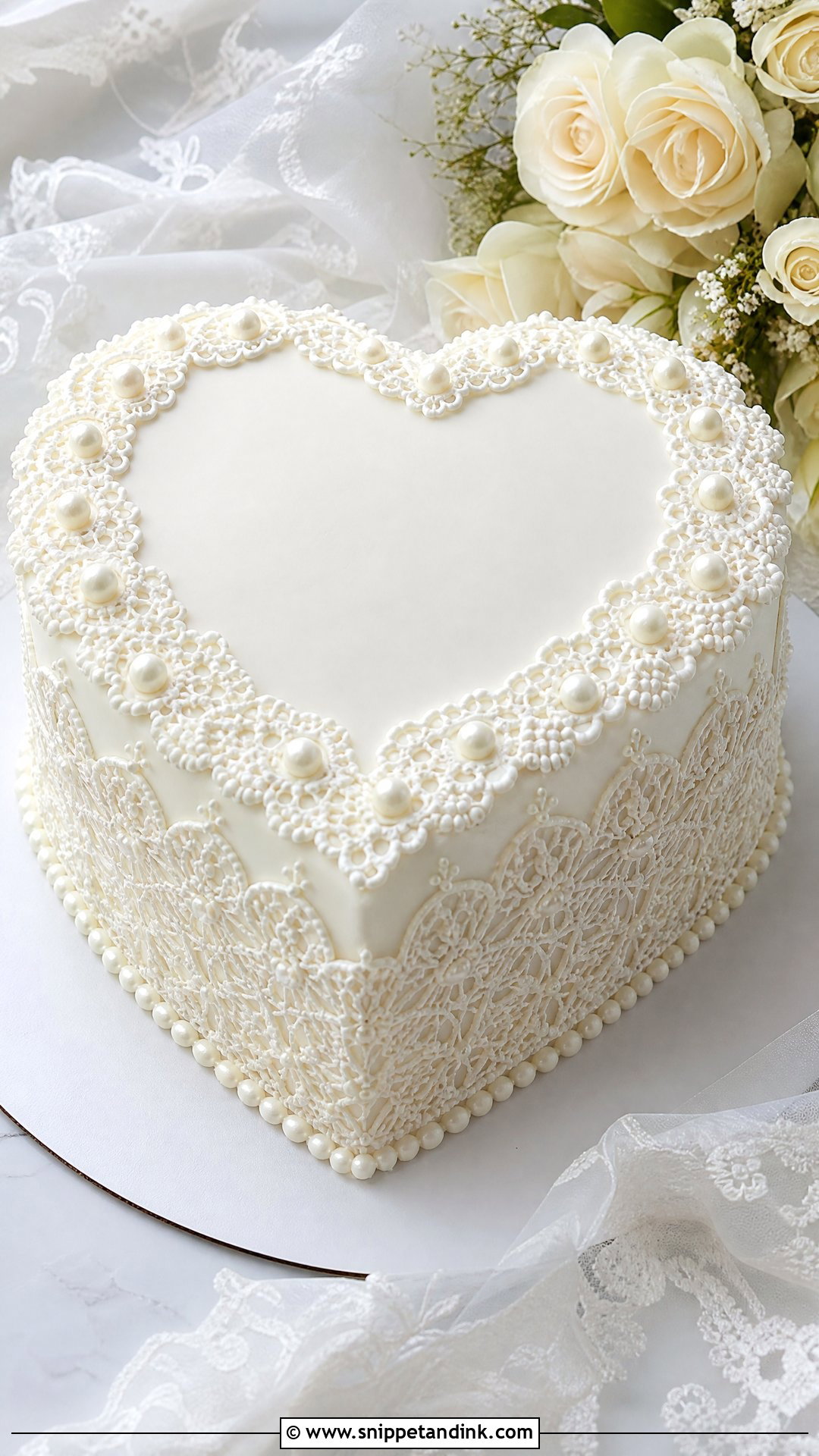 White Heart Wedding Cake With Lace Piping - Snippet and Ink - 30 White Heart Cake Ideas for Wedding