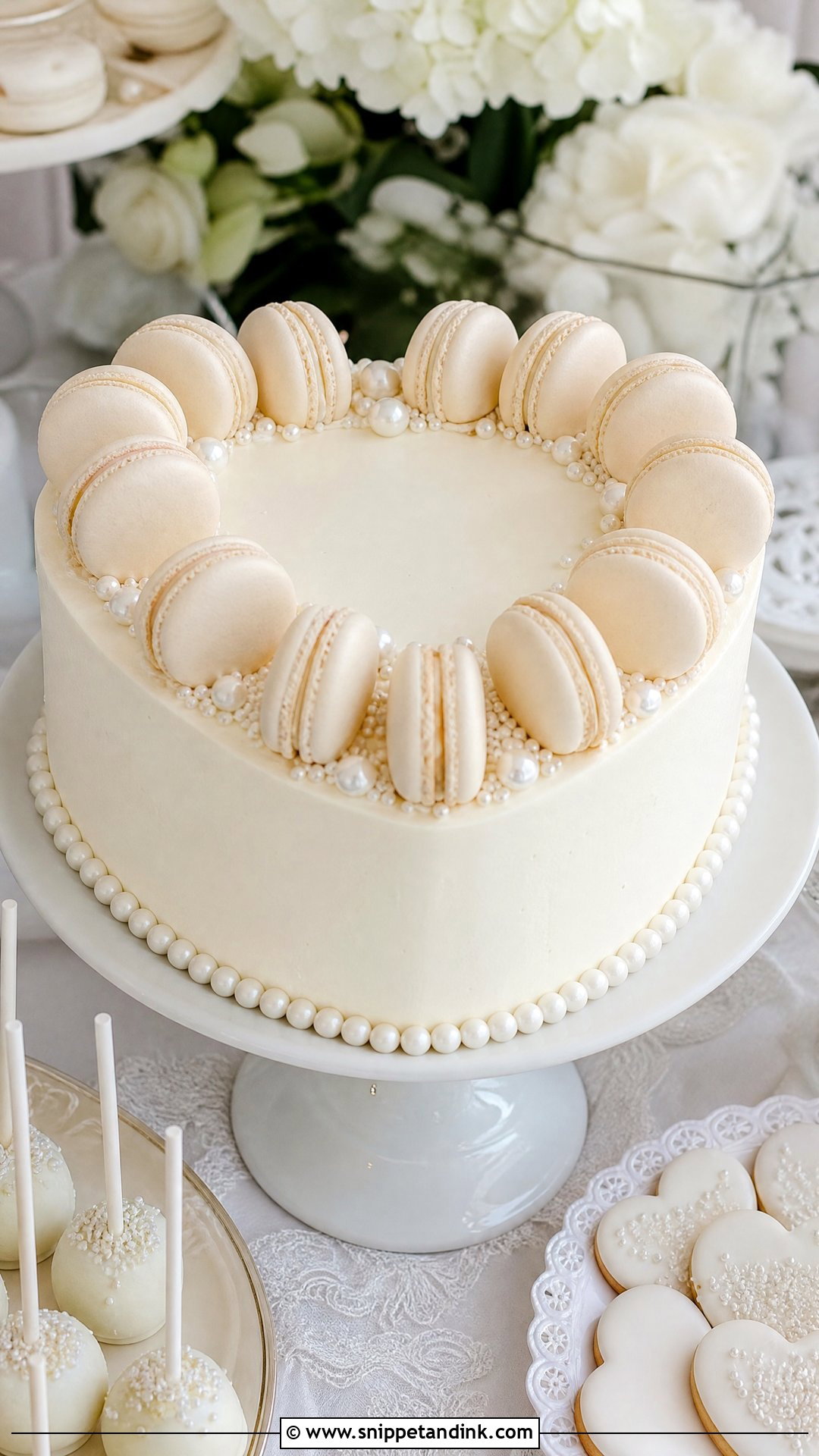 White Heart Wedding Cake With Macarons - Snippet and Ink - 30 White Heart Cake Ideas for Wedding