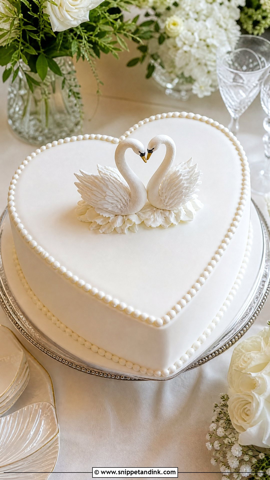 White Heart Wedding Cake With Swan Topper - Snippet and Ink - 30 White Heart Cake Ideas for Wedding