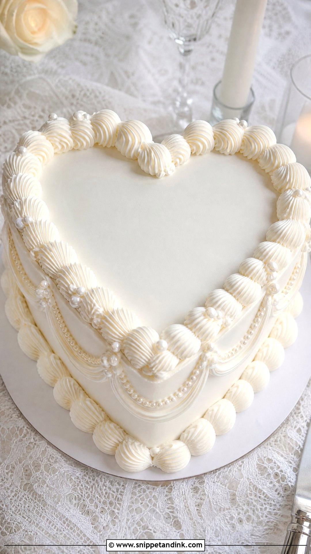White Heart Wedding Cake With Vintage Piping - Snippet and Ink - 30 White Heart Cake Ideas for Wedding