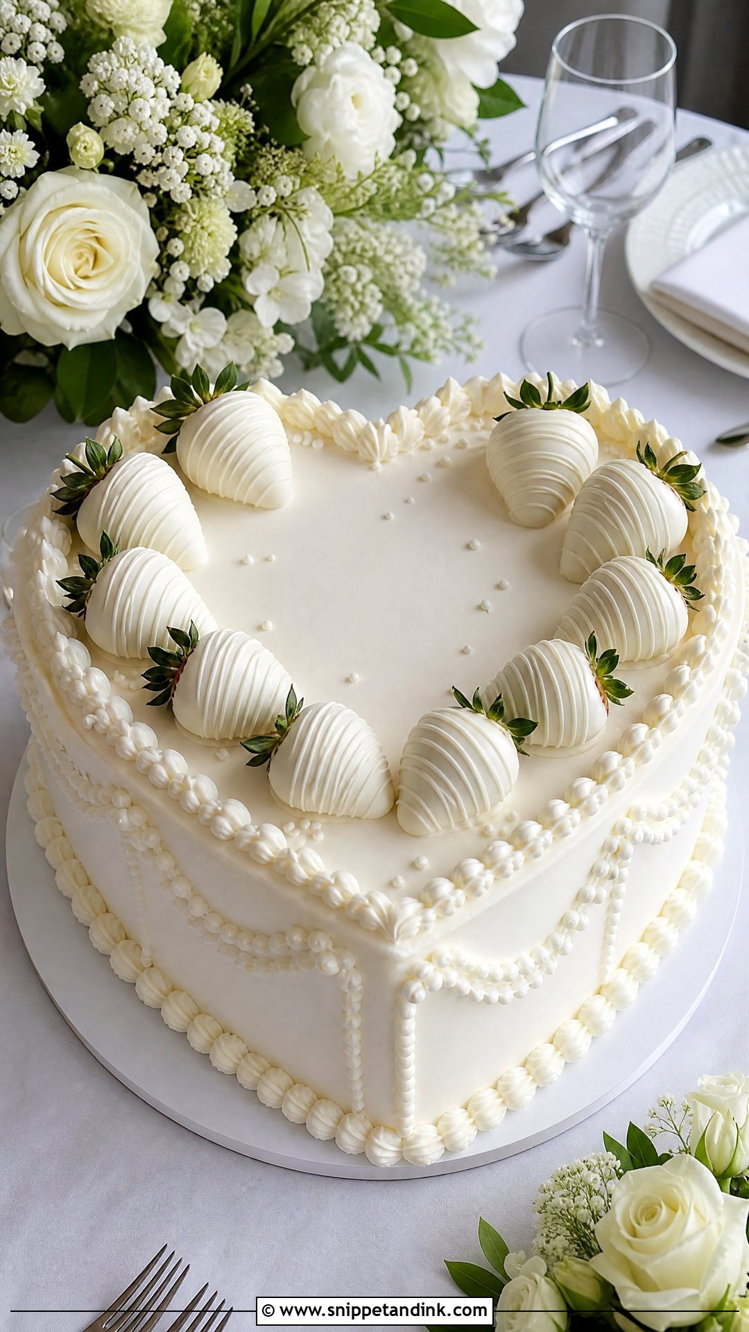 White Heart Wedding Cake With White Strawberries - Snippet and Ink - 30 White Heart Cake Ideas for Wedding