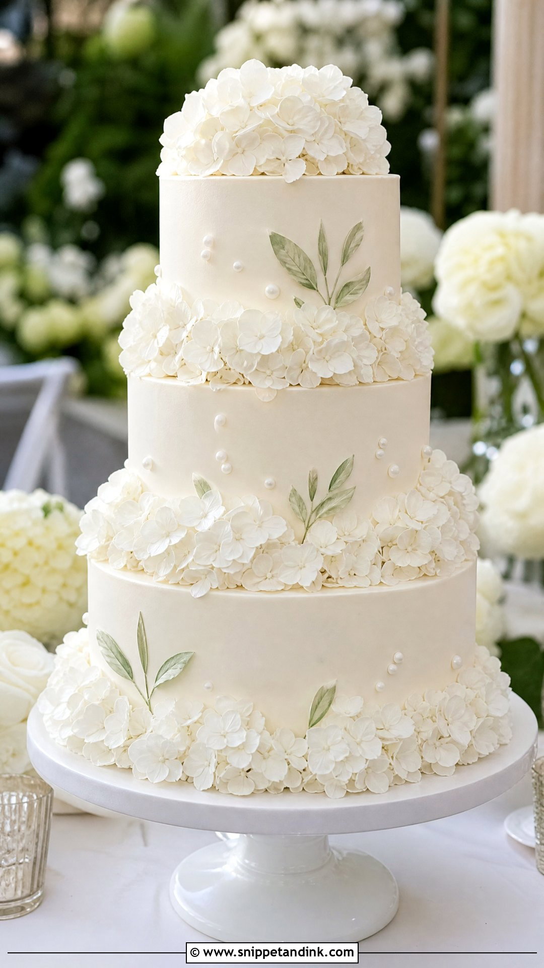 White Hydrangea Wedding Cake - Snippet and Ink - 25 White Wedding Cake Ideas