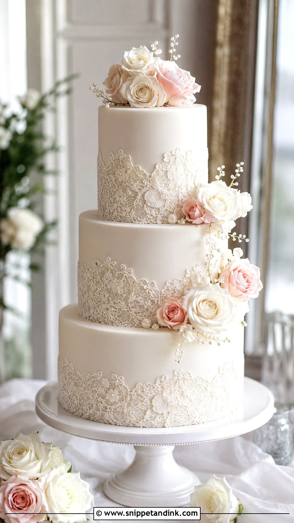 White Lace Wedding Cake With Roses - Snippet and Ink - 25 Lace Wedding Cake Ideas with Flowers