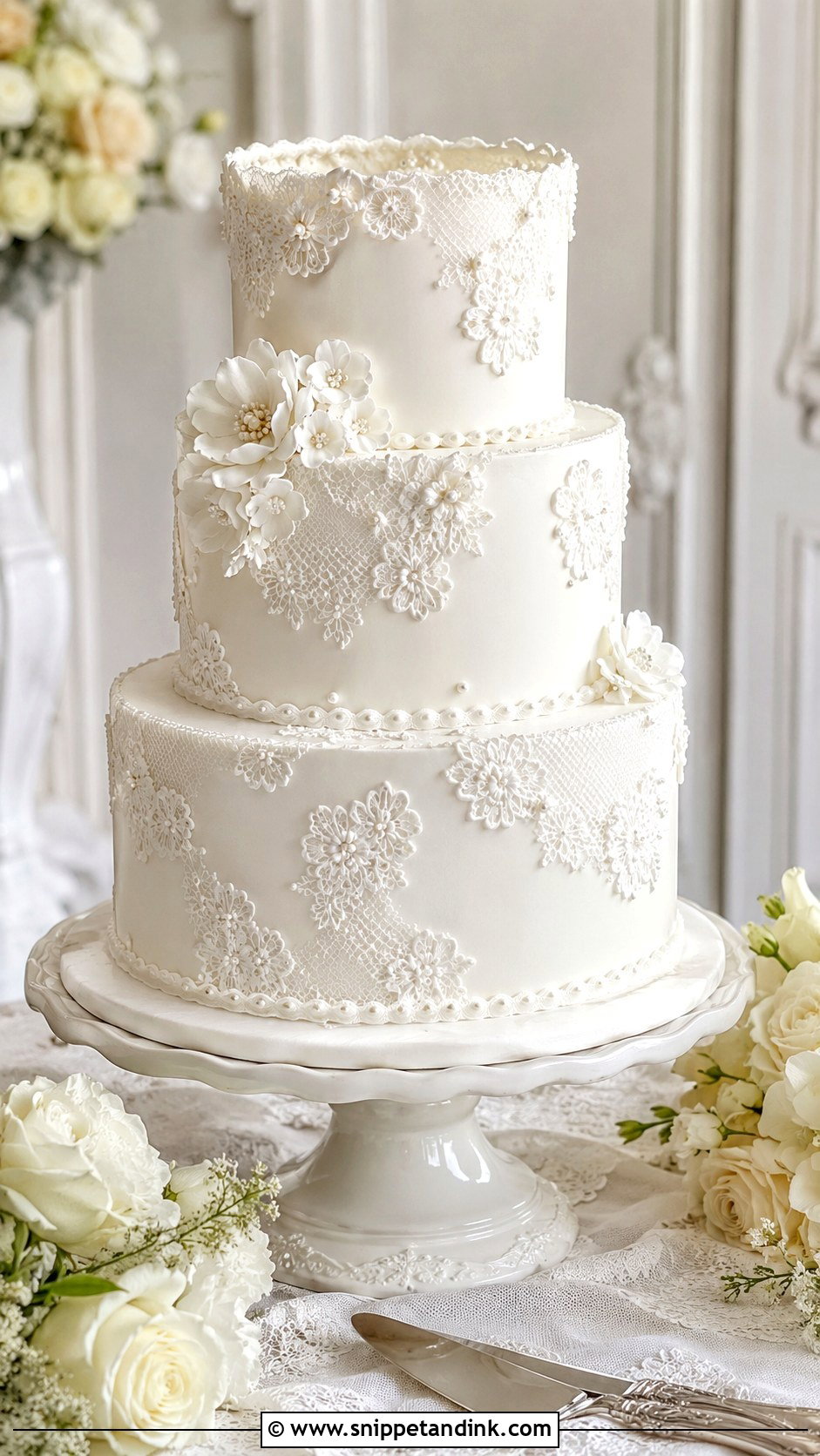 White Lace Wedding Cake - Snippet and Ink - 20 White Frosted Cake Ideas for Wedding