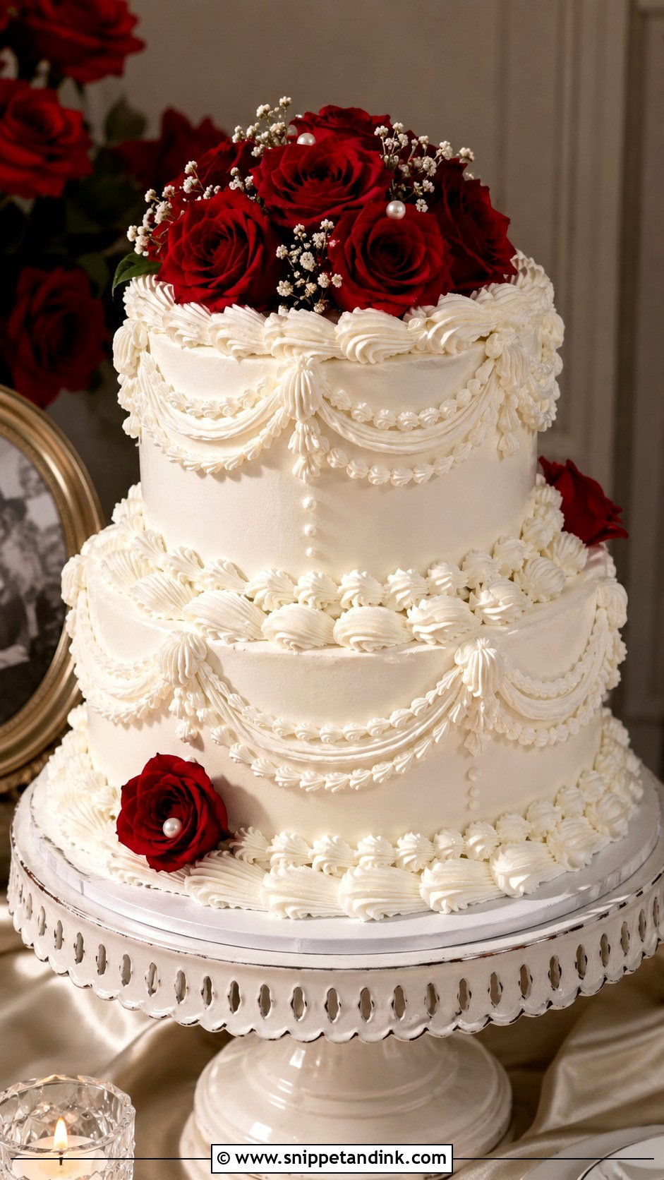 White Lambeth Wedding Cake With Red Roses - Snippet and Ink - 30 White Wedding Cake Ideas with Red Roses