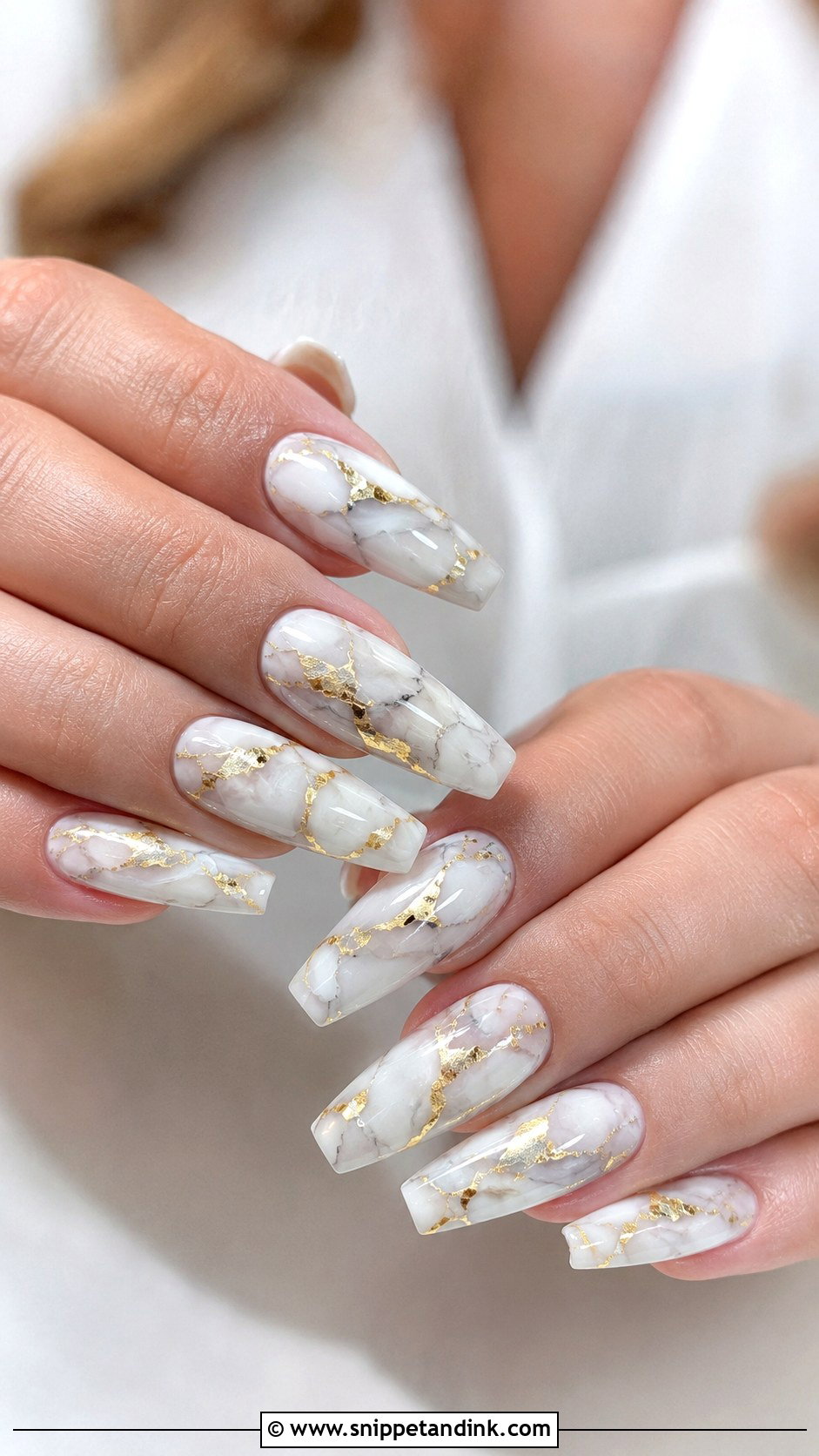 White Marble And Gold Wedding Nails - Snippet and Ink - 20 White and Gold Wedding Nails