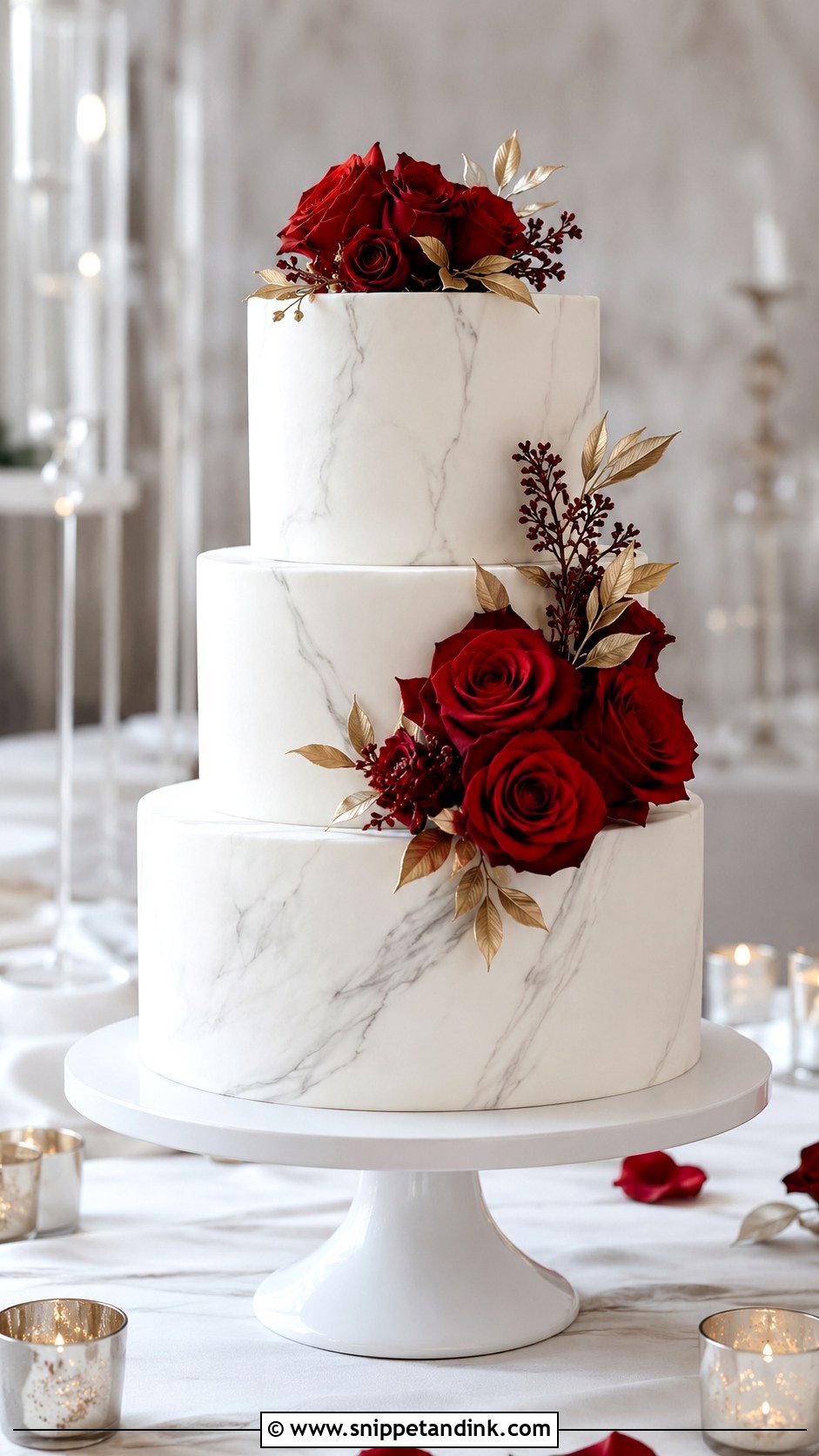 White Marble Wedding Cake With Red Roses - Snippet and Ink - 30 White Wedding Cake Ideas with Red Roses