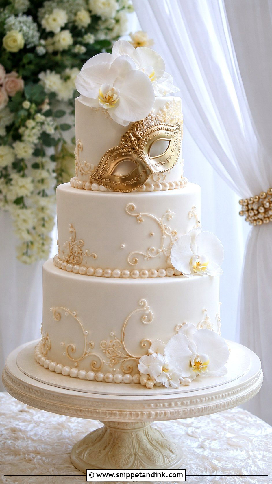 White Masquerade Wedding Cake - Snippet and Ink - 20 Masquerade Wedding Cake Ideas