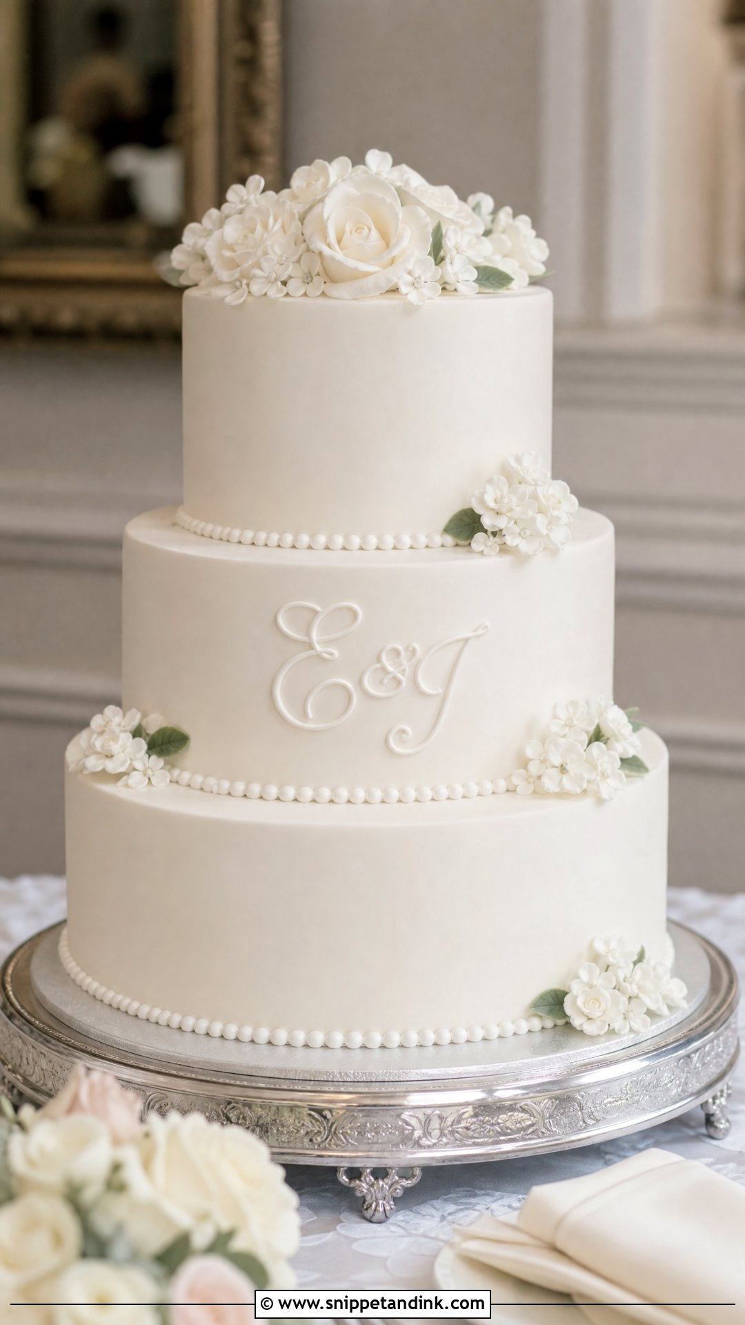 White Monogram Wedding Cake - Snippet and Ink - 25 White Wedding Cake Ideas