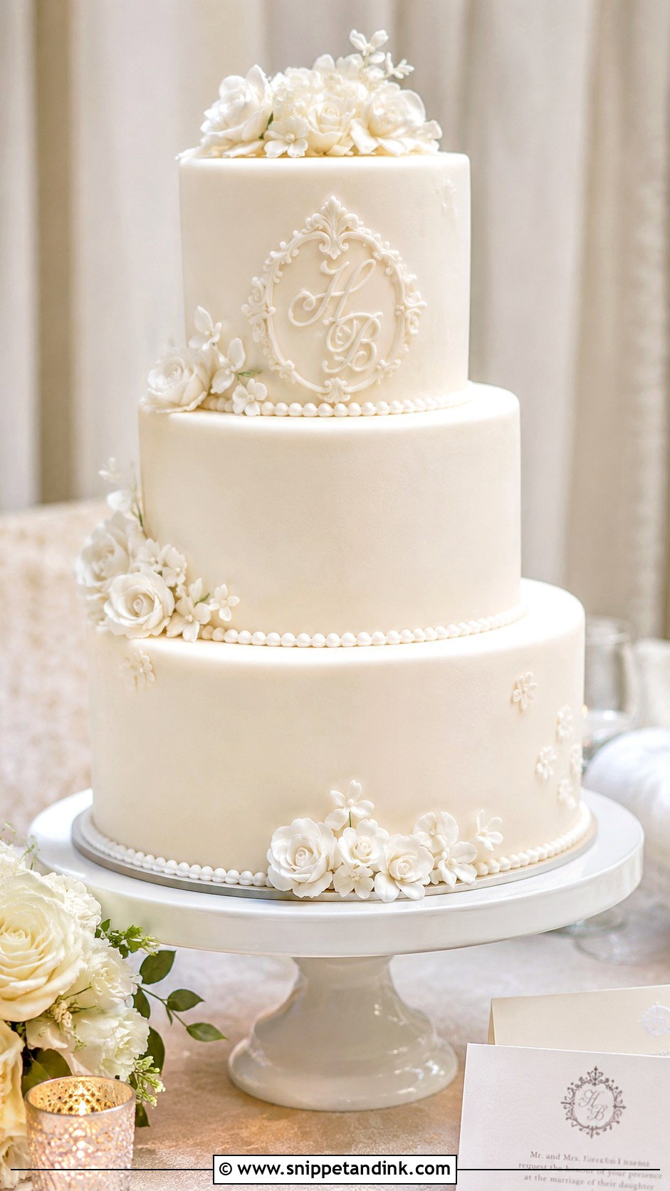 White Monogram Wedding Cake - Snippet and Ink - 20 White Frosted Cake Ideas for Wedding