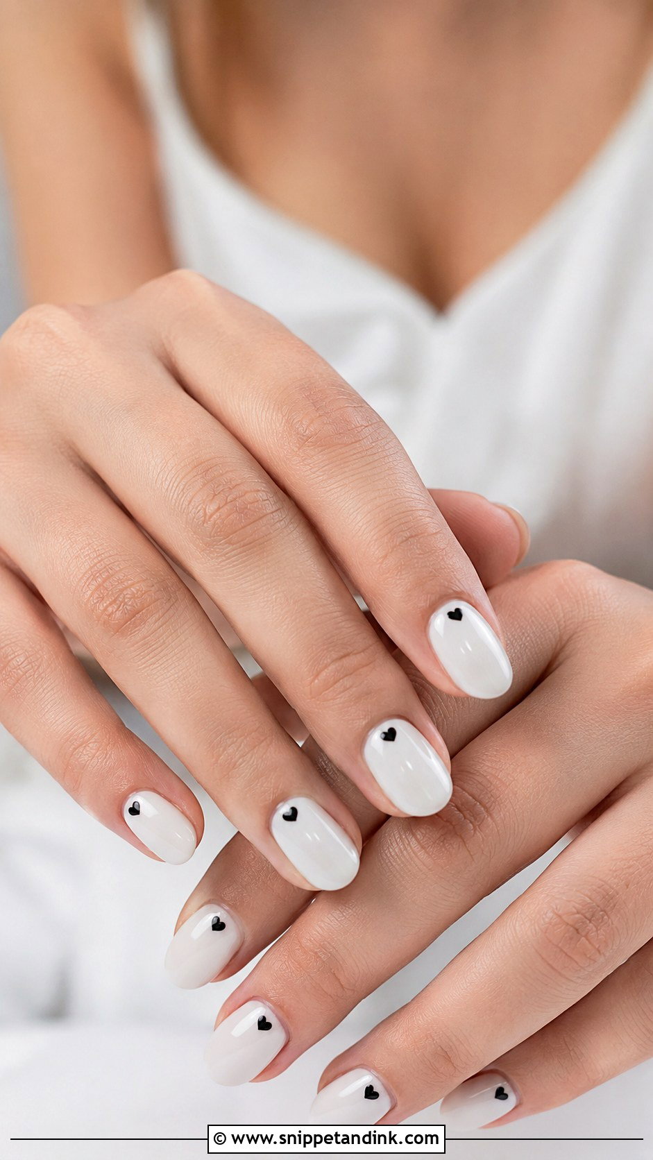 White Nails With Black Heart Wedding Nails - Snippet and Ink - 20 Black and White Wedding Nails