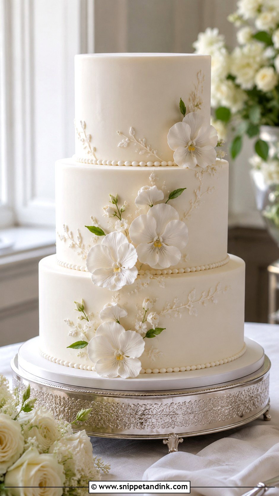 White Pansy Wedding Cake - Snippet and Ink - 20 Pansy Wedding Cake Ideas