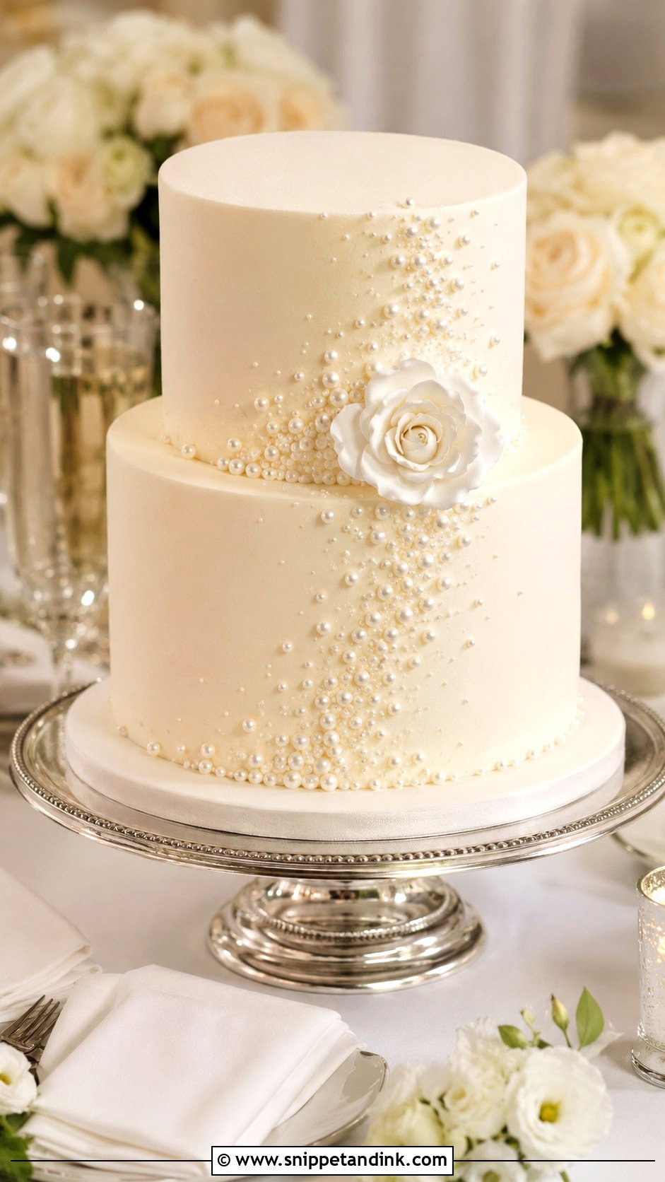 White Pearl Wedding Cake - Snippet and Ink - 20 White Frosted Cake Ideas for Wedding