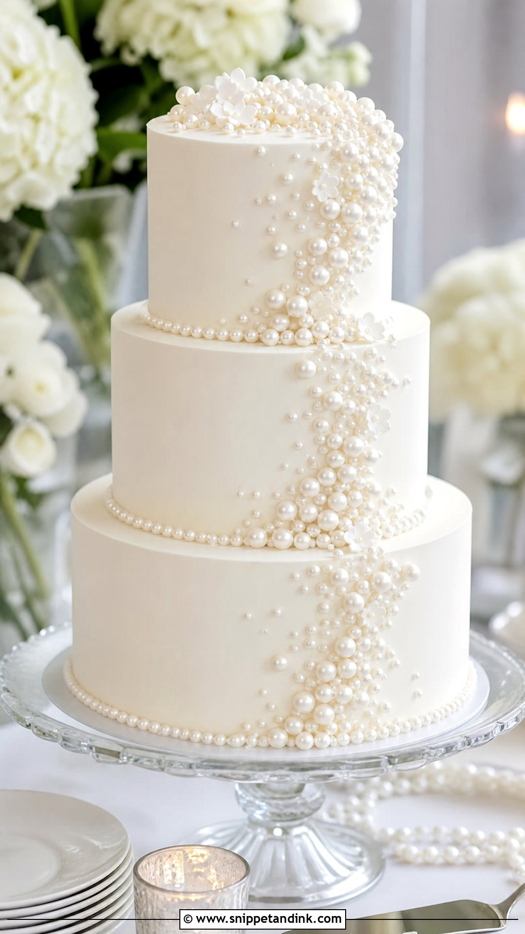 White Pearl Wedding Cake - Snippet and Ink - 25 White Wedding Cake Ideas